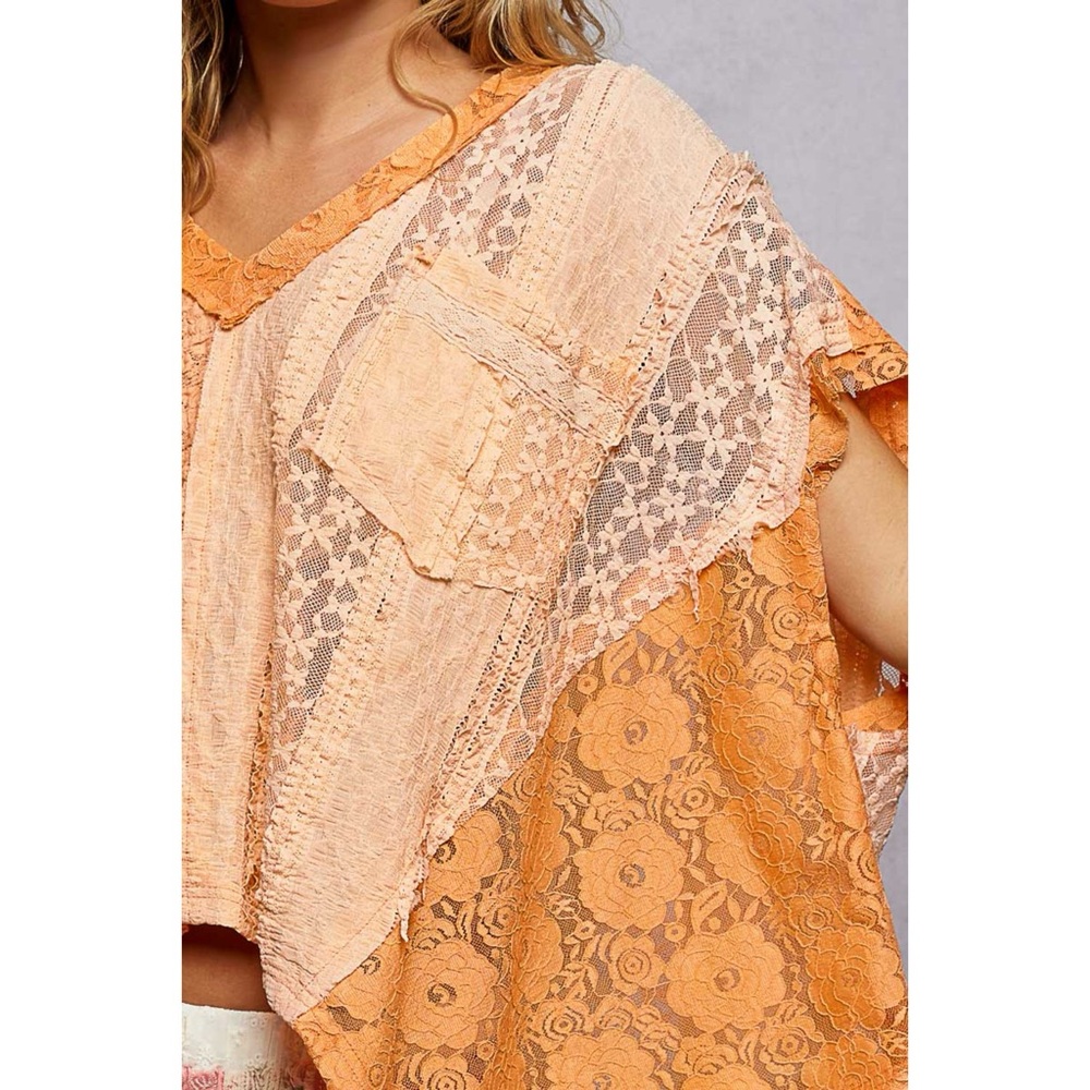 POL Orange Lace Patchwork Knit Top | Oversized V Neck Short Sleeve - Picture 3 of 7
